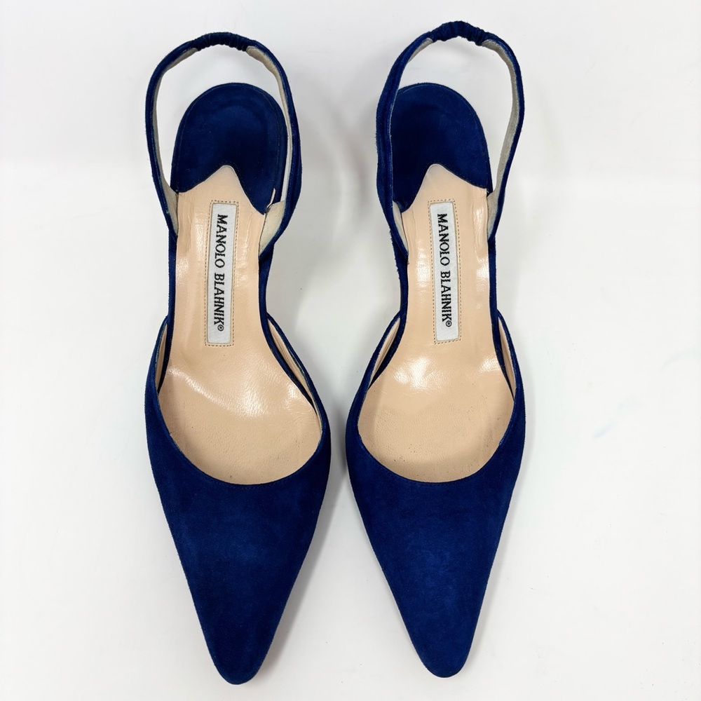 Manolo Blahnik Navy Blue Slingback Pointed-Toe Heels - Picture 5 of 16
